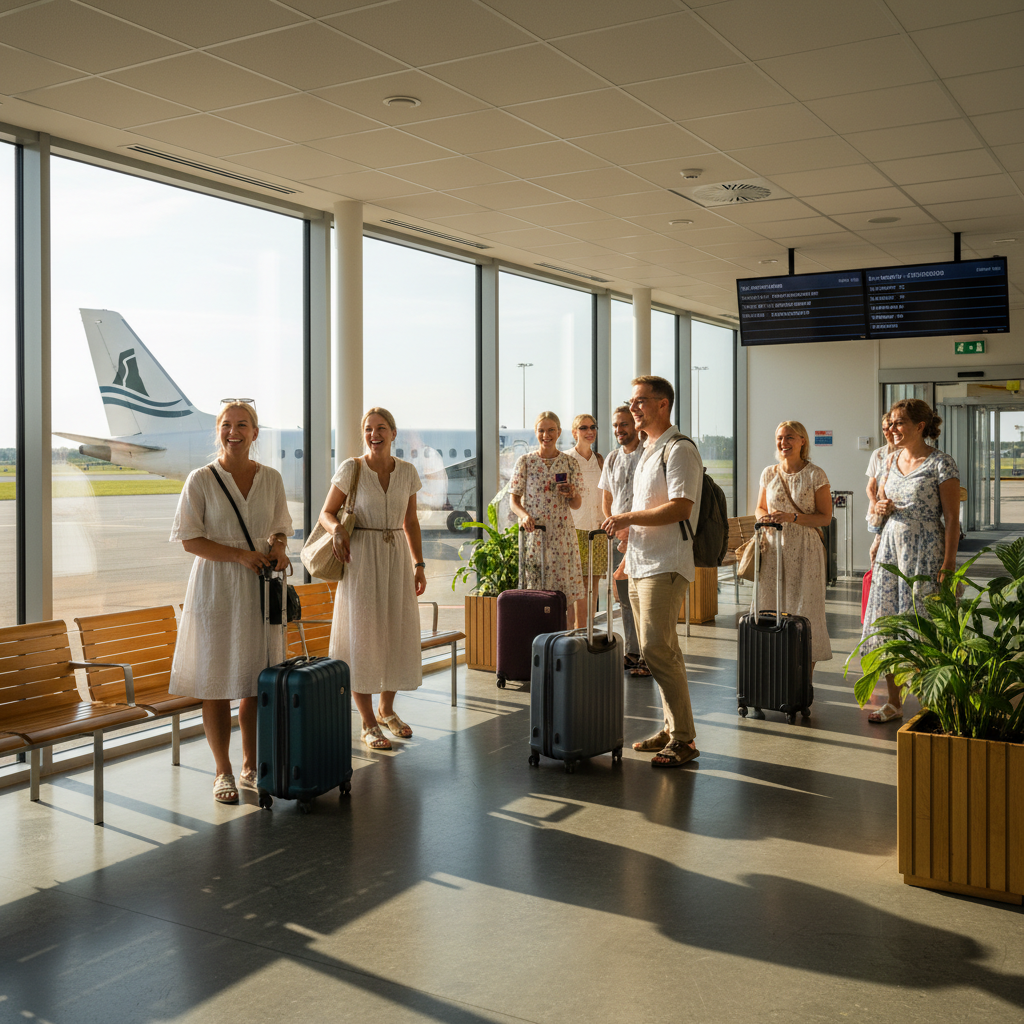 Leende resenärer i en ljus flygplatsterminal på Gotland