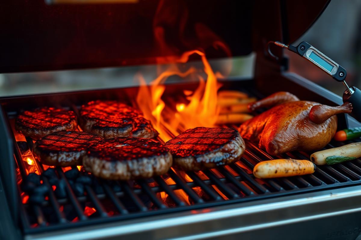 Grill med två värmezoner där hamburgare steks över glöden medan en hel kyckling tillagas i den svalare zonen med en trådlös termometer isatt
