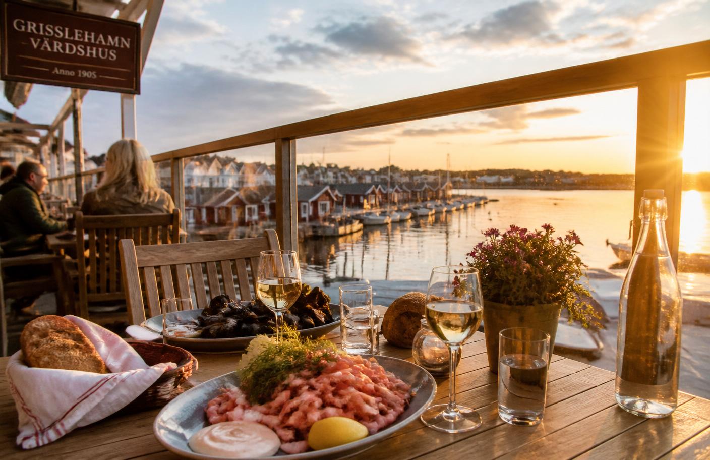 Bord med räkor och vitt vin på restaurangterrass med utsikt över Grisslehamns hamn i solnedgång