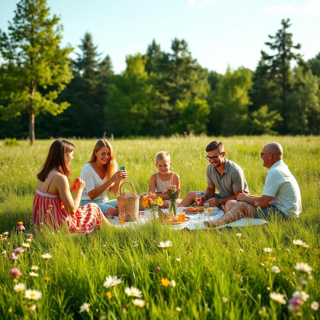 Familjepicknick i sommaräng
