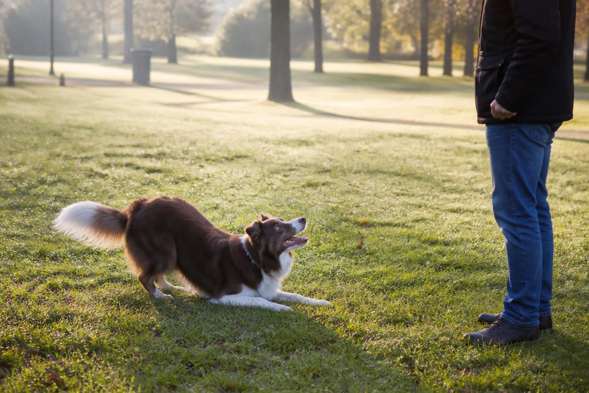 Hund som gör en lekbugning framför sin ägare i en park