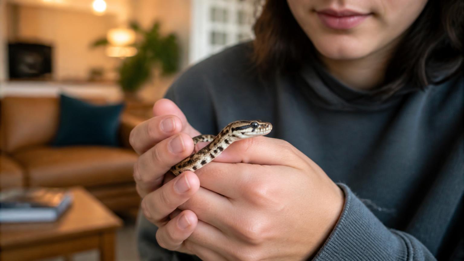 Person som lugnt håller en liten snäll orm i händerna