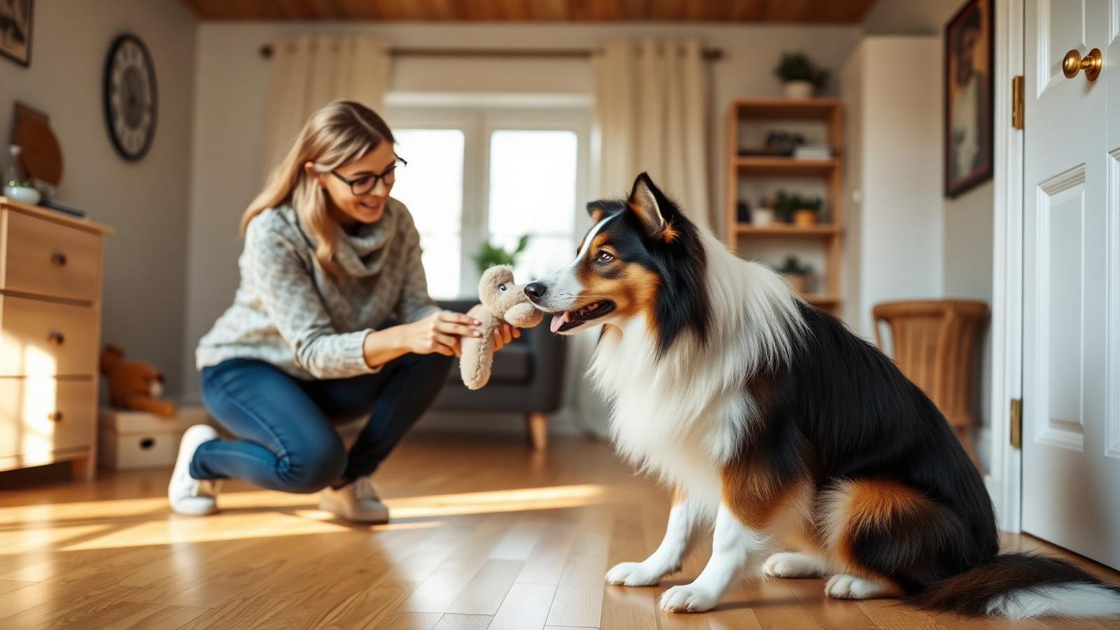 Kvinna visar en mjukisleksak för en uppmärksam collie