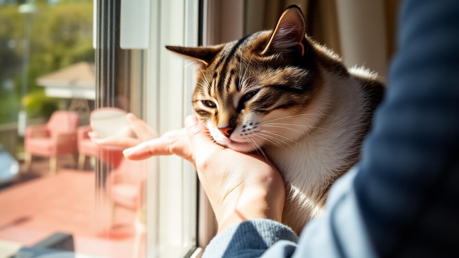 Katt gnider huvudet mot en hand vid ett soligt fönster