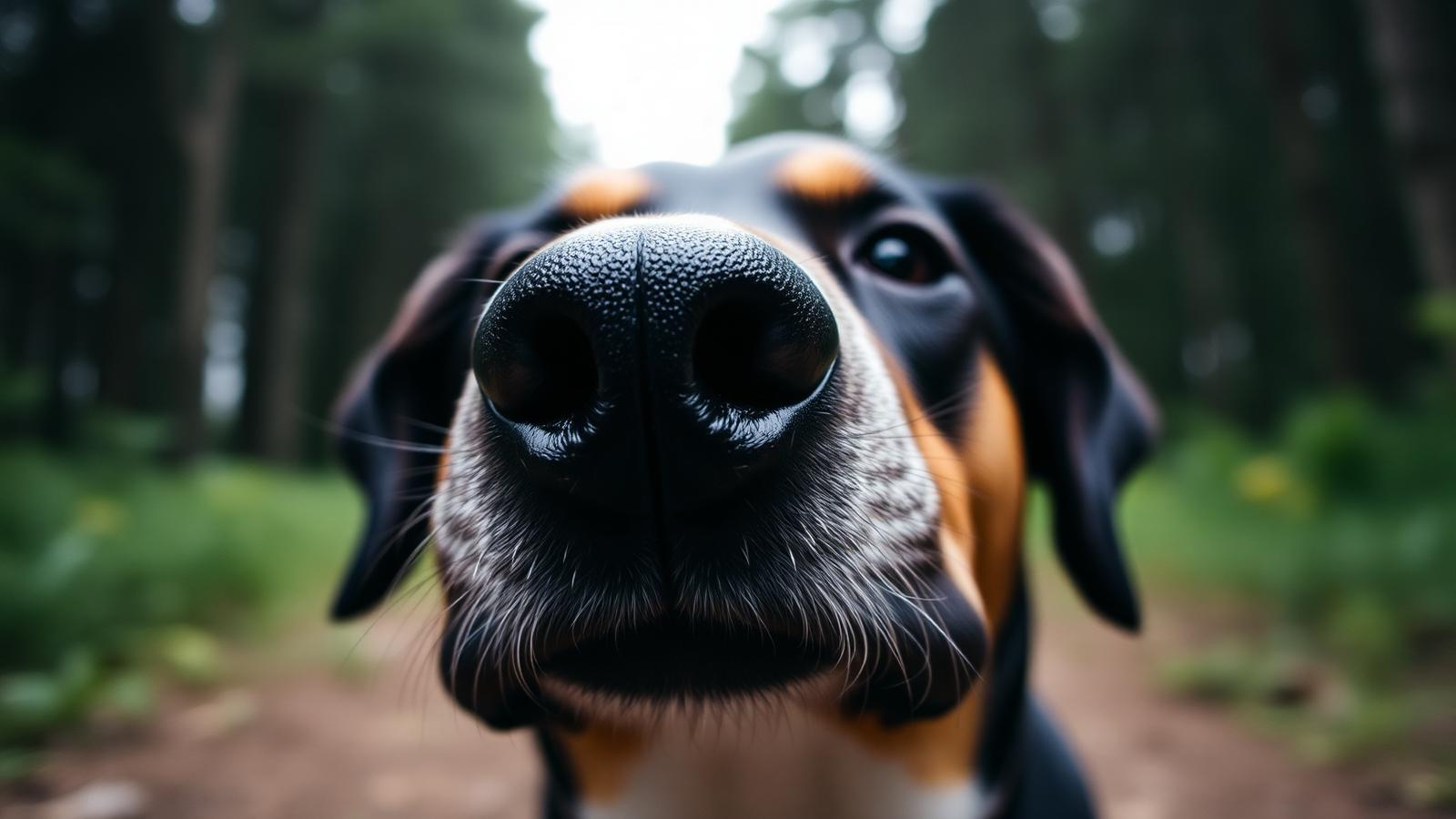 Närbild på en hundnos som vädrar i skogsmiljö