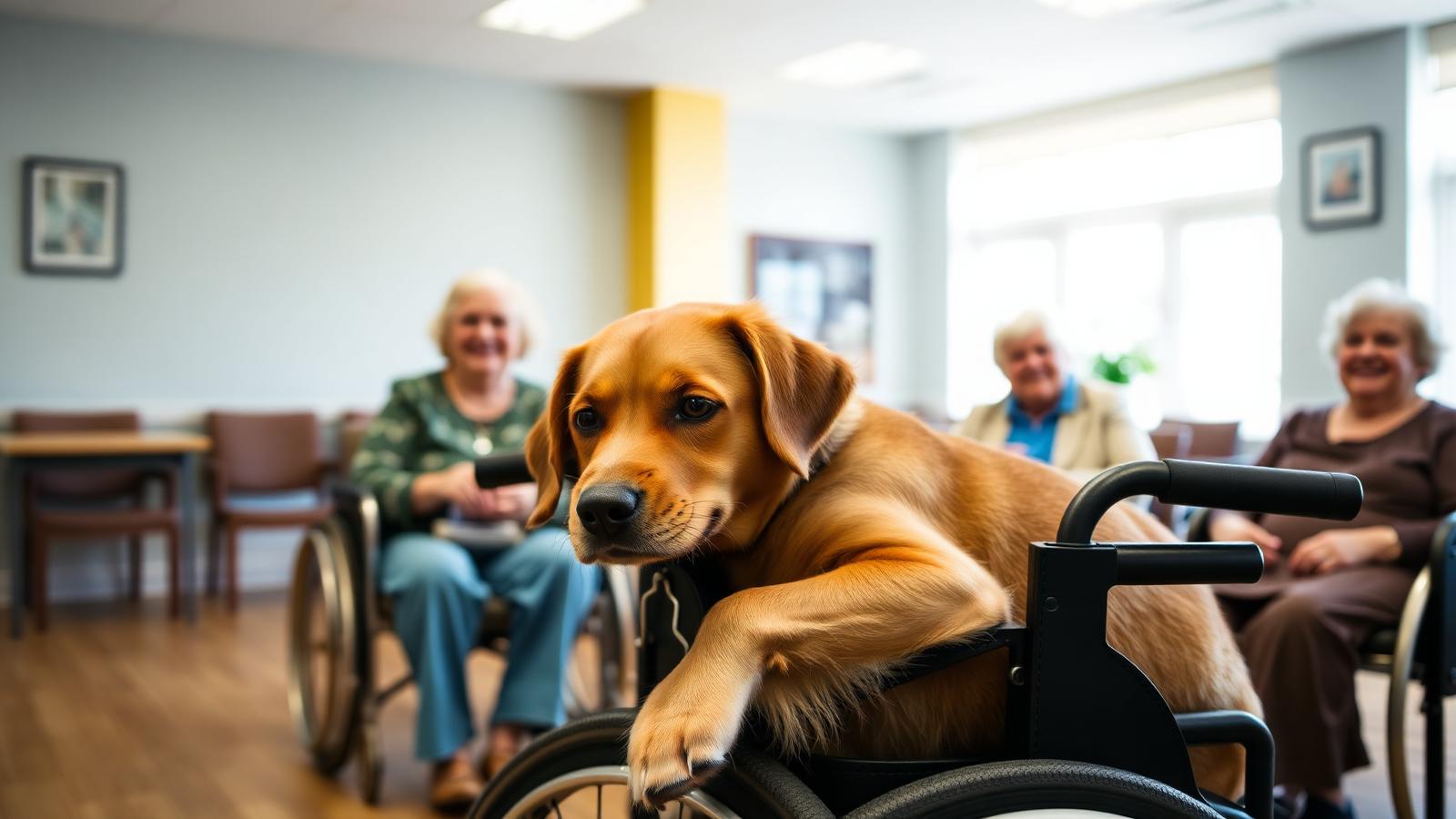 Terapihund vilar huvudet mot ett rullstolsstöd medan boende ler