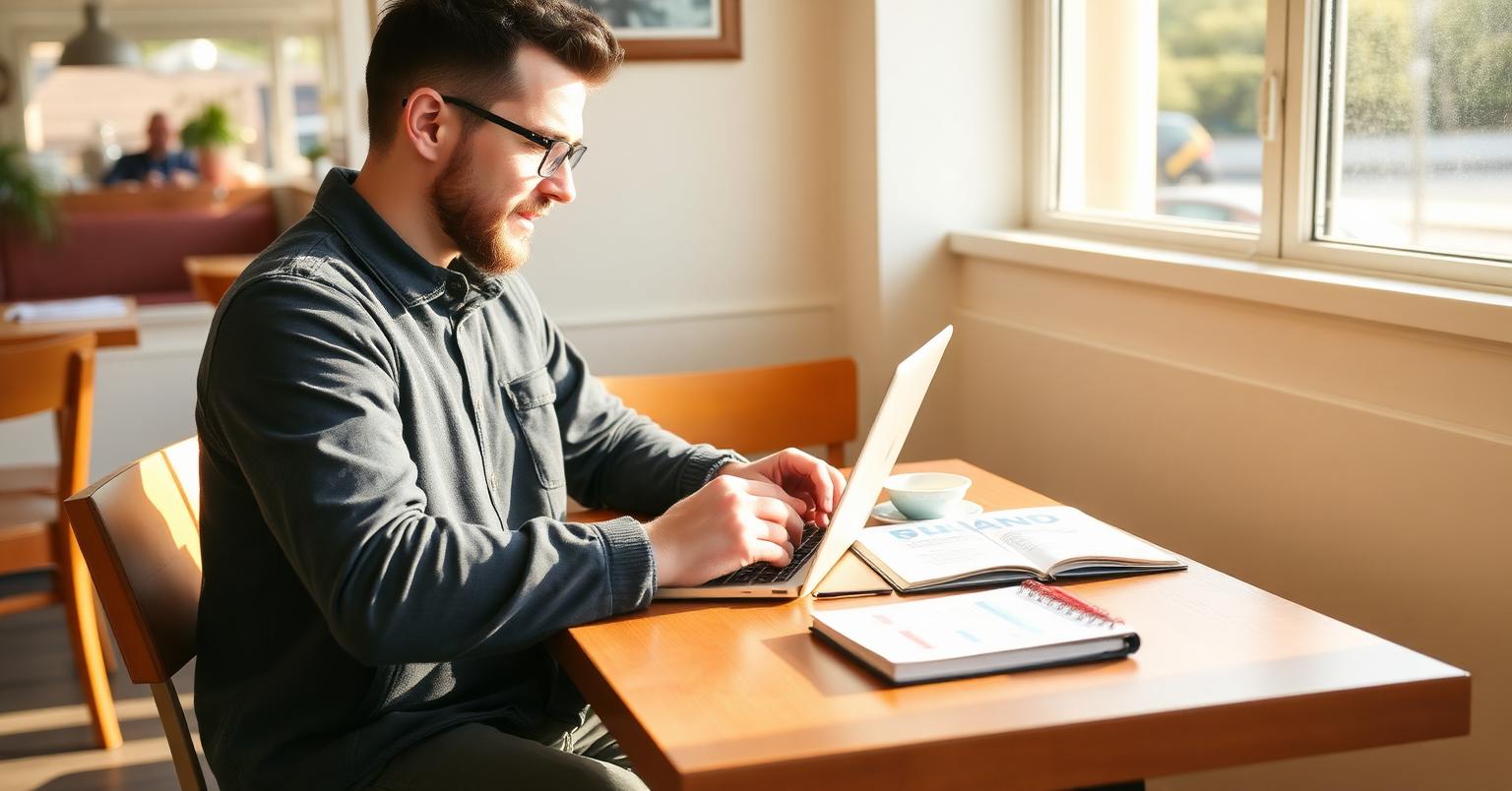 Digital nomad arbetar med laptop på ett soligt kafé i Irland