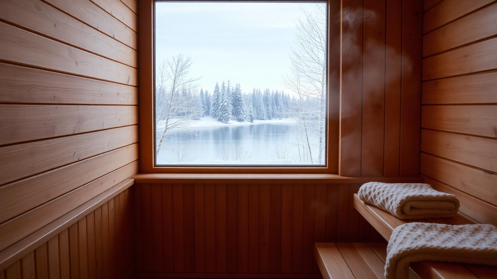 Varm träbastu med fönster mot en snötäckt sjö
