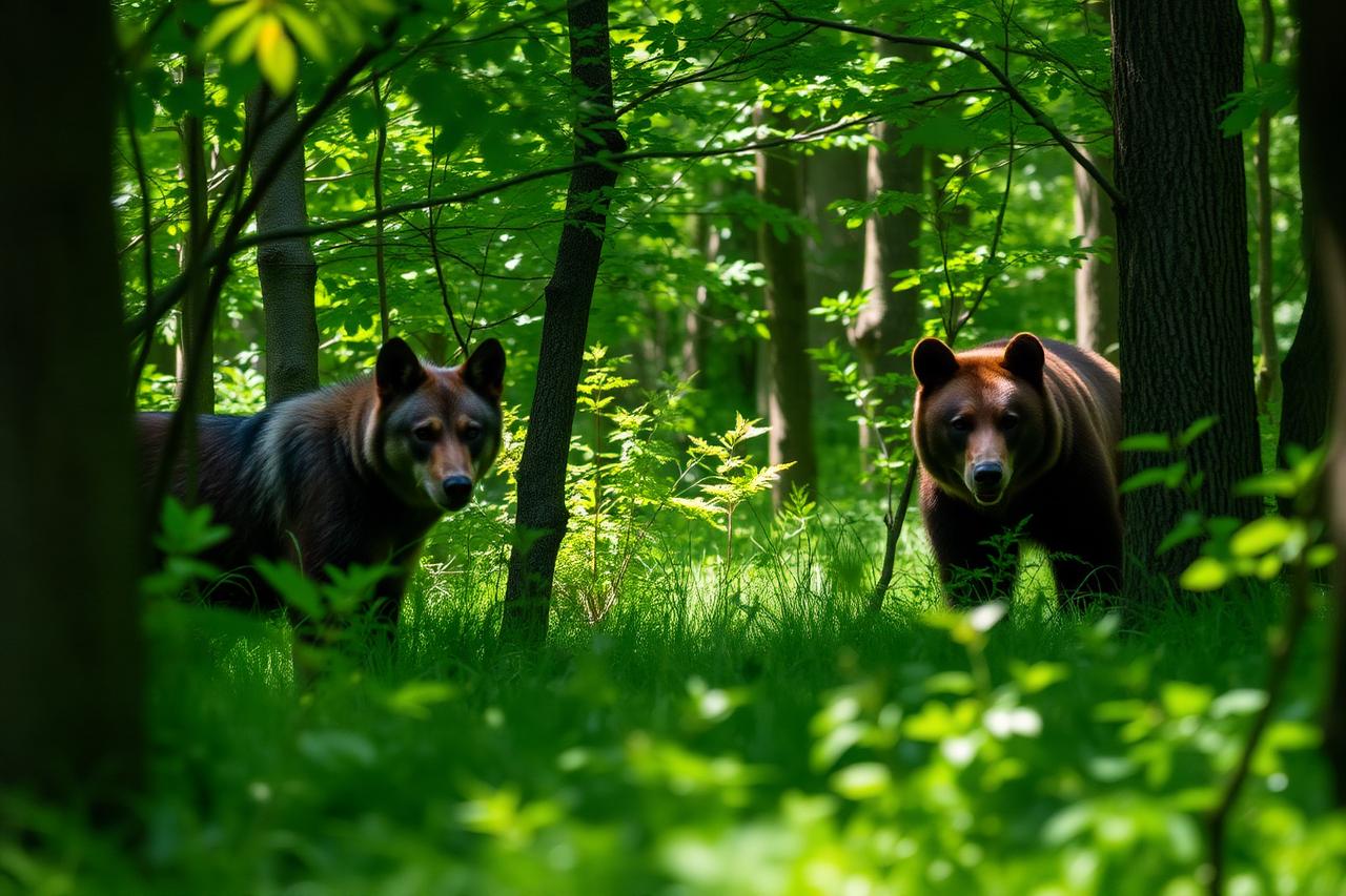 En varg och en brunbjörn skymtar mellan träden i en italiensk skog