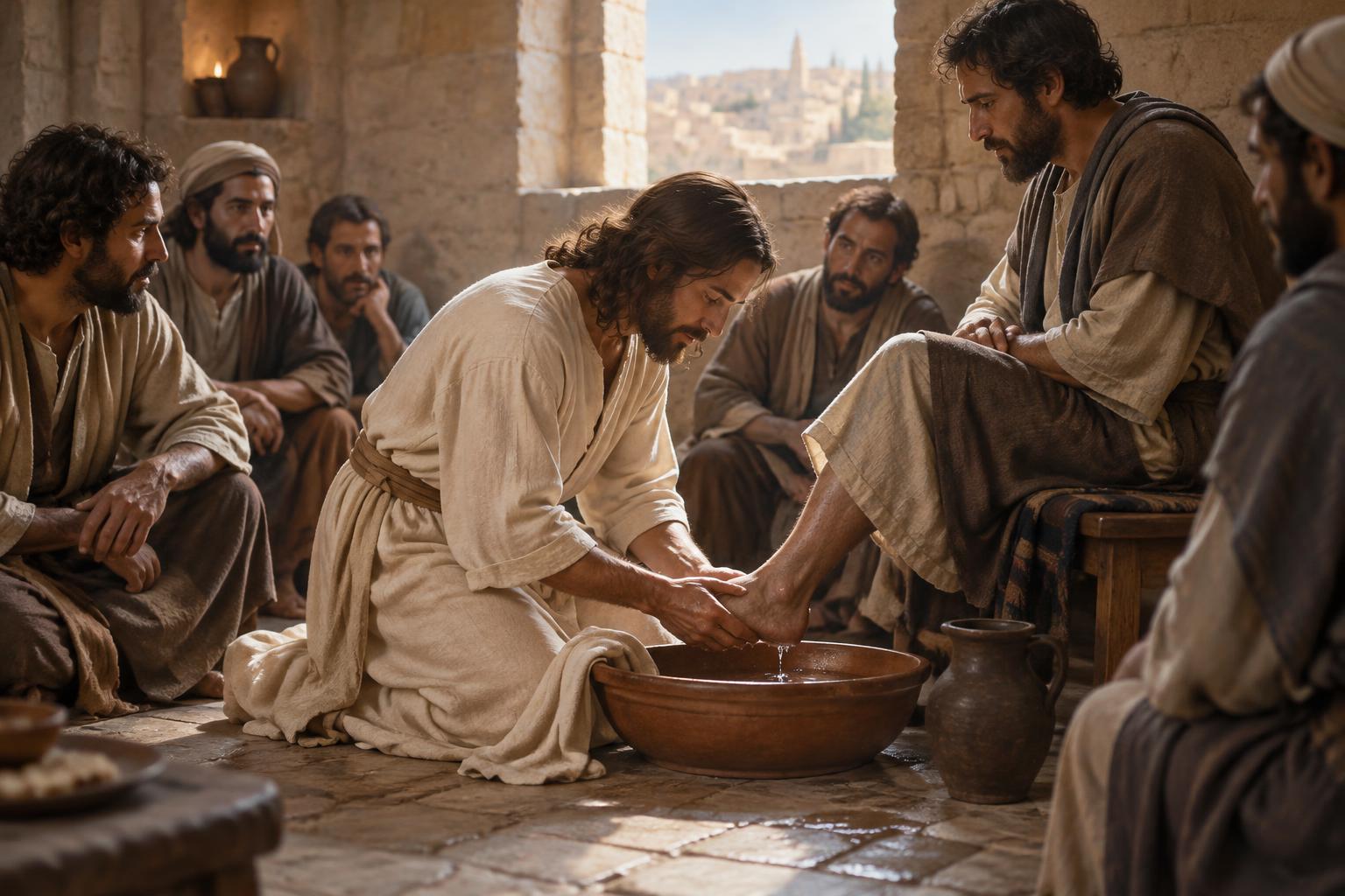 Illustration av Jesus som tvättar en lärjunges fötter i ett enkelt rum