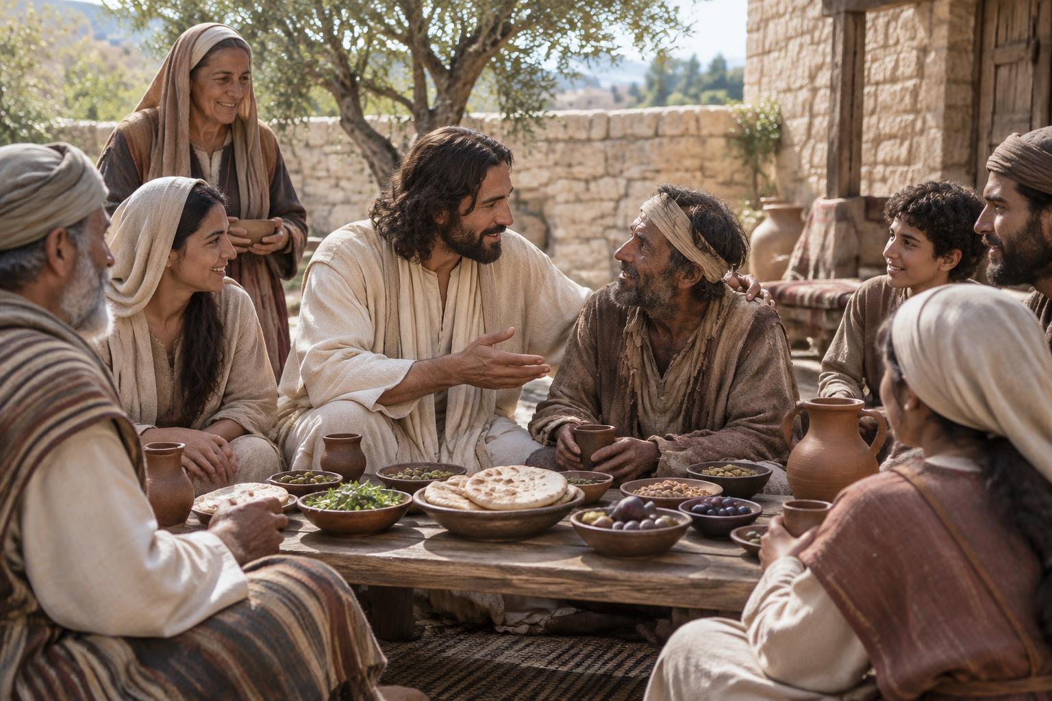 Illustration av Jesus och människor i olika åldrar vid en gemensam måltid