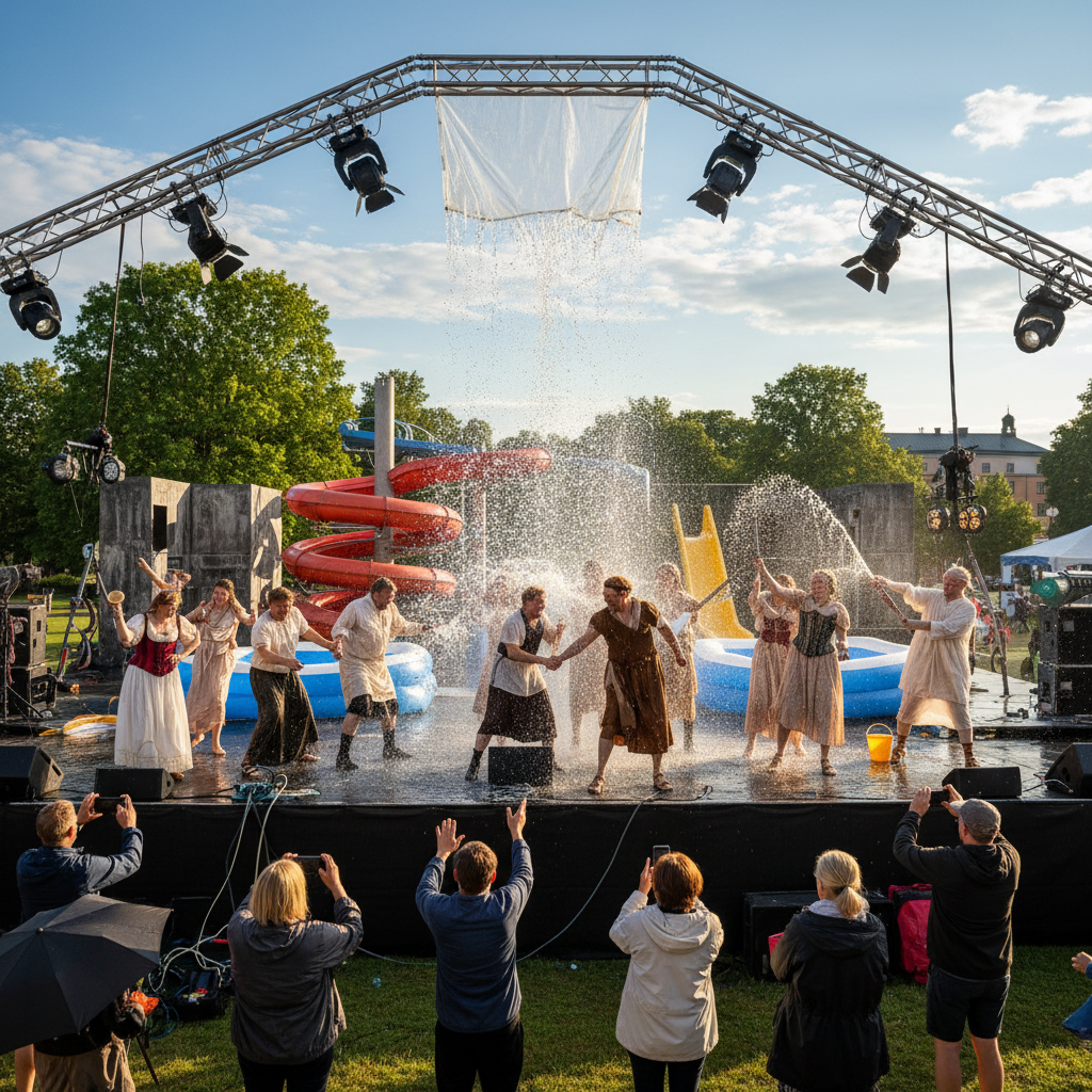 Klassiskt drama blev plaskfest i Falkenberg efter tekniskt kaos på friluftsteatern
