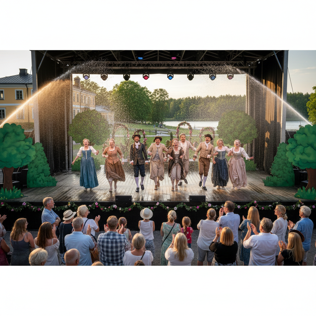 Klassiskt drama blev plaskfest i Falkenberg efter tekniskt kaos på friluftsteatern