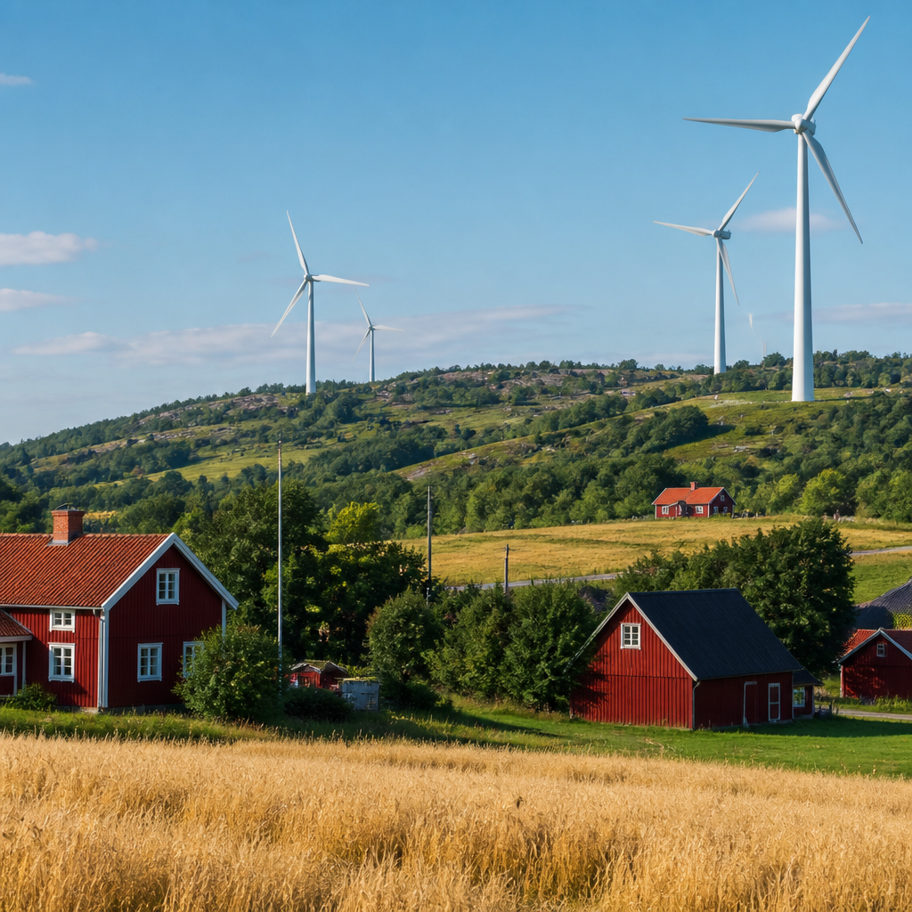 Svenskt landskap med vindkraftverk och röda stugor