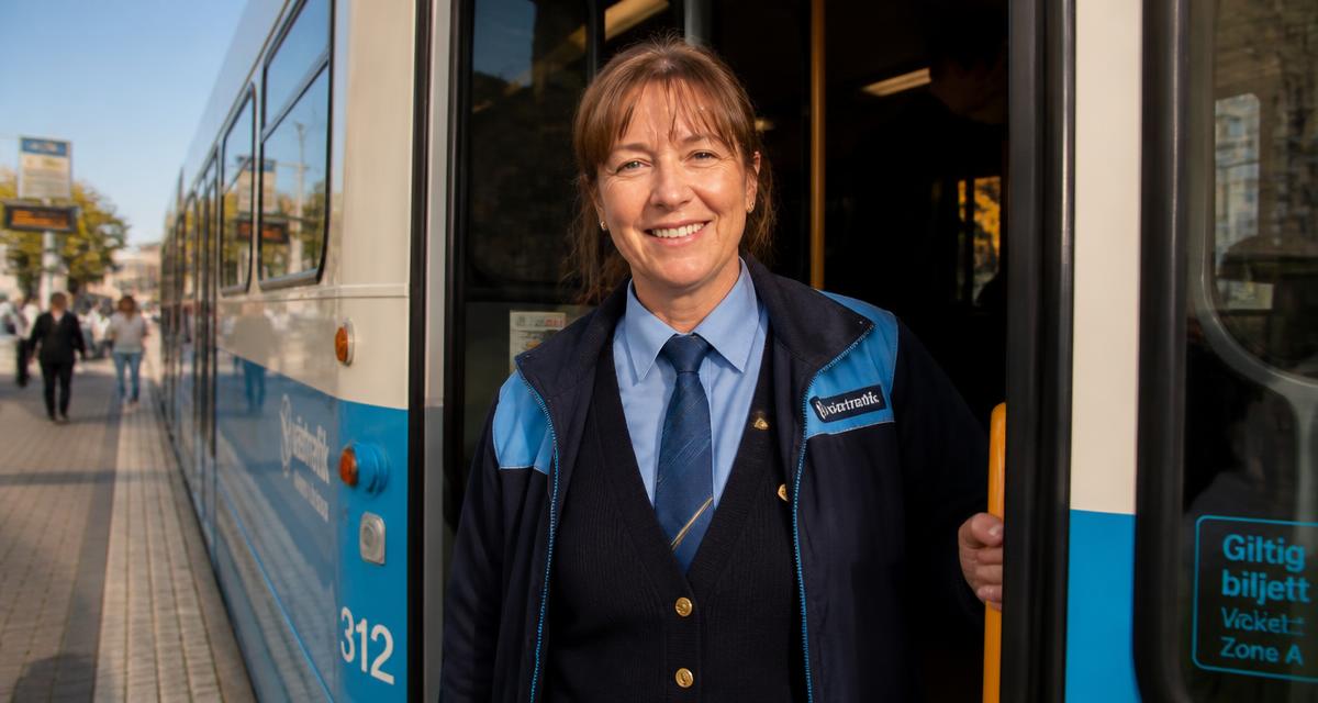 Leende kvinnlig spårvagnsförare i uniform står i dörren till en blå spårvagn i Göteborg