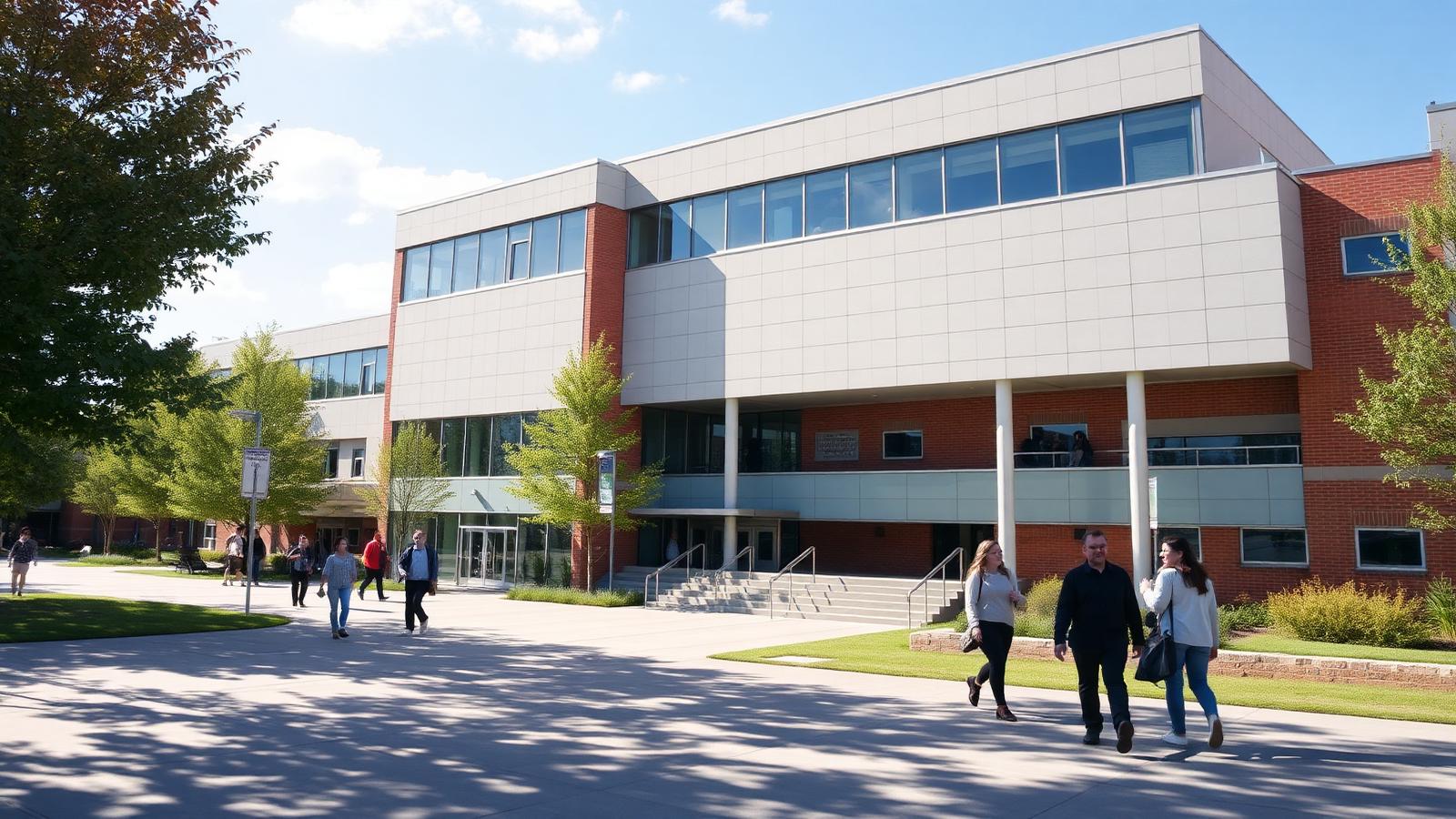 Universitetsmiljö med studenter på campus en solig dag