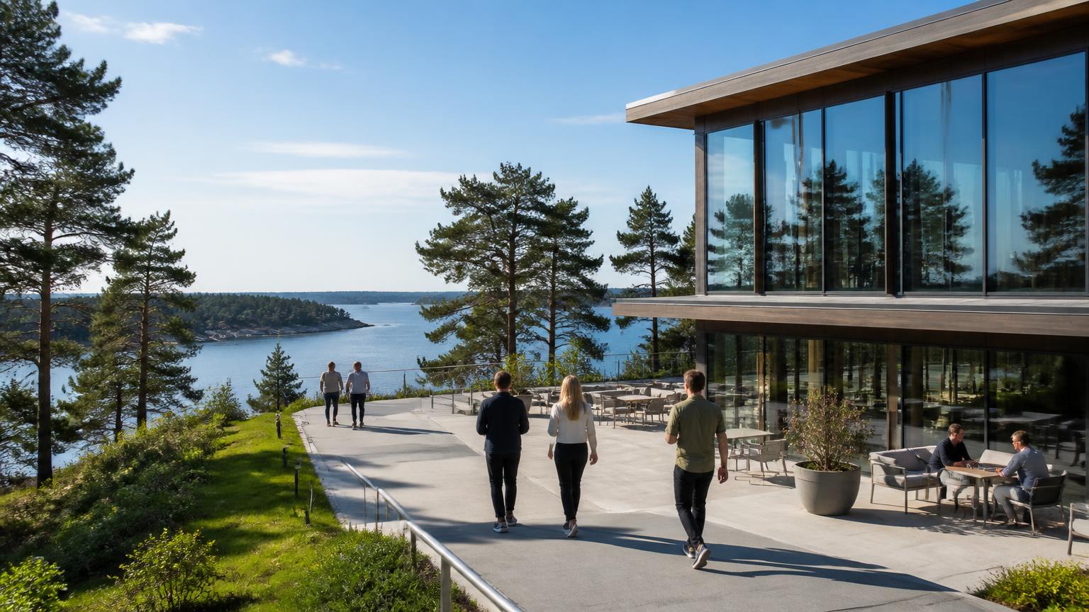 Modernt kontorshus i trä och glas vid havet omgivet av tallskog