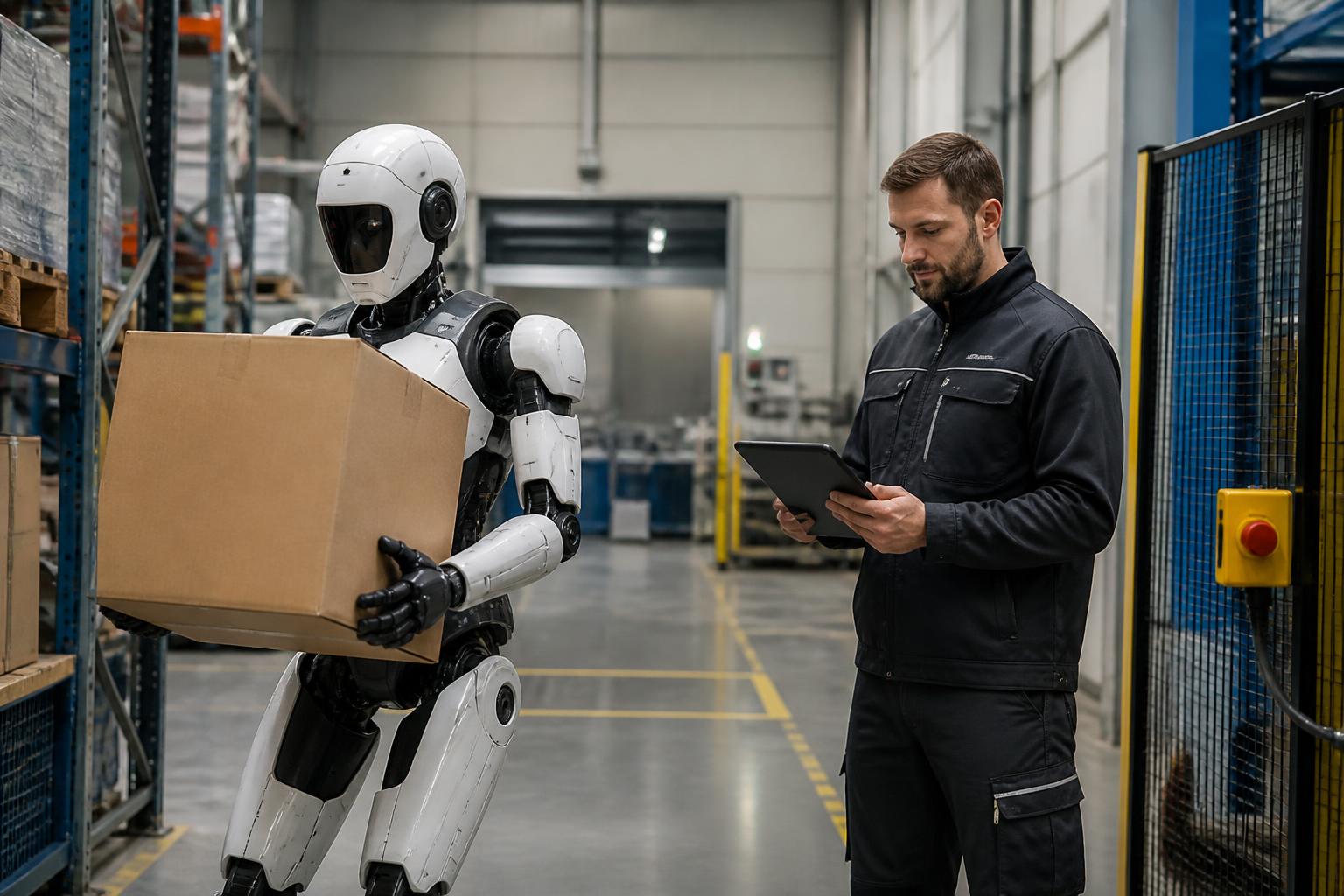 En humanoid robot lyfter en tung kartong i ett lager tillsammans med en mänsklig tekniker.