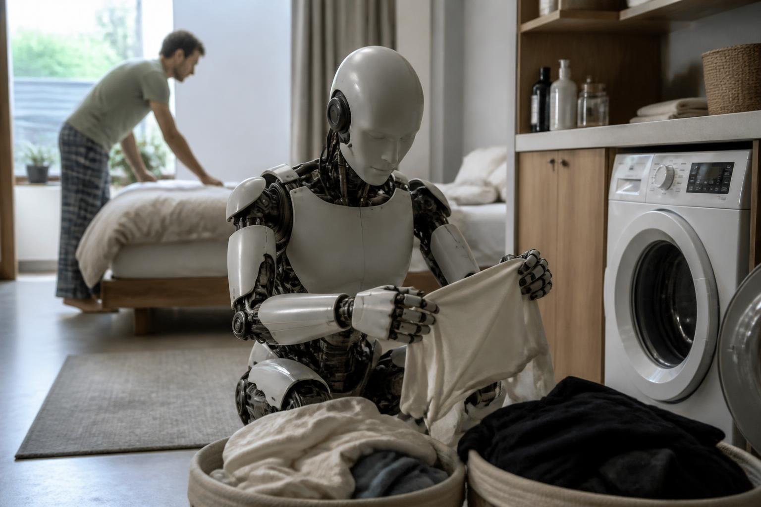 En humanoid robot sorterar tvätt i ett hem medan en person bäddar sängen.