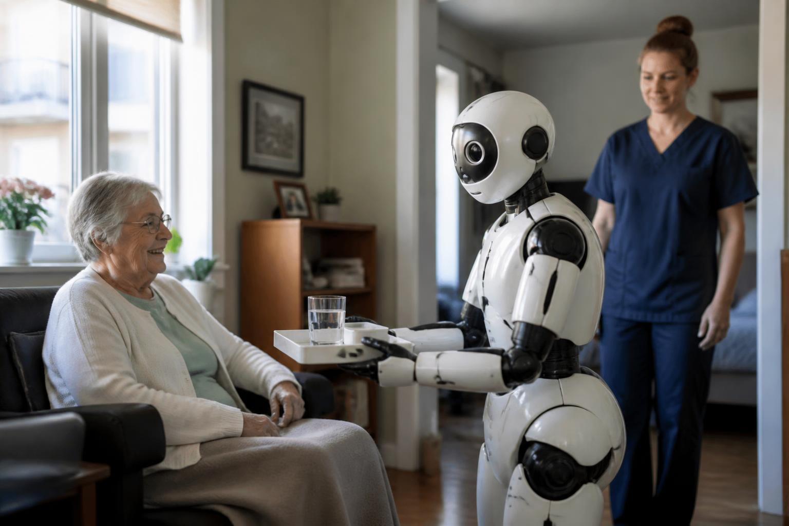 En humanoid robot lämnar ett glas vatten till en äldre kvinna medan en vårdare finns nära.