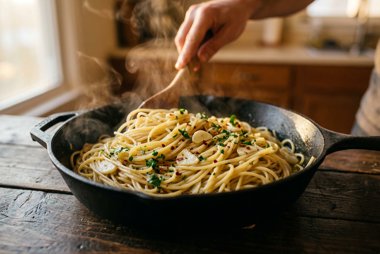 Pasta aglio e olio i en panna med vitlök och olivolja