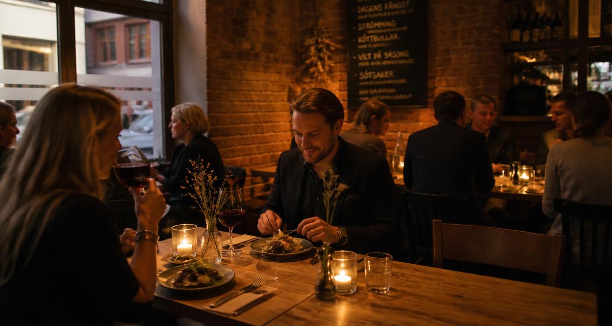 Gäster äter middag i en varm och stämningsfull restaurangmiljö med tegelväggar och levande ljus