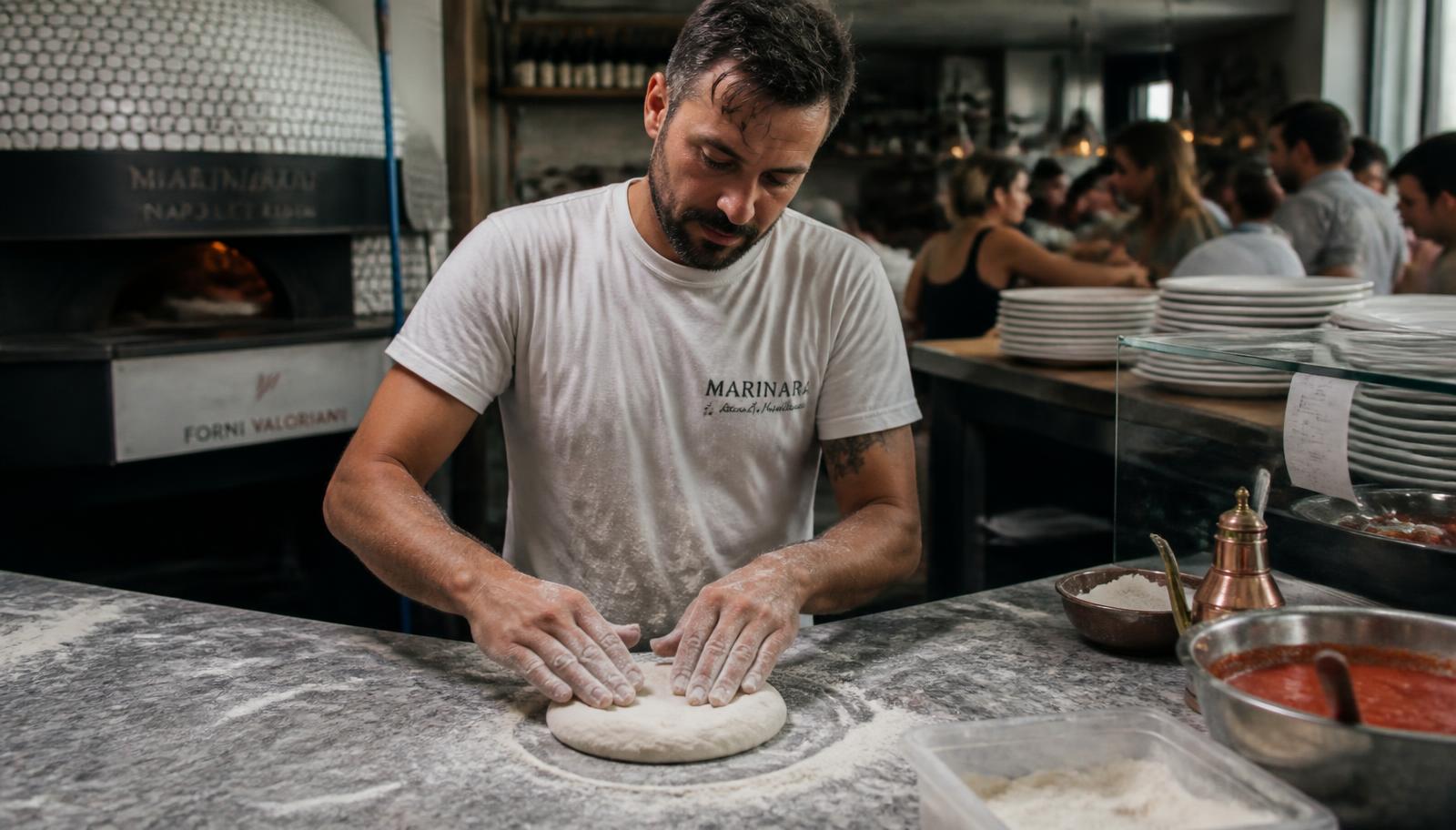 Pizzabagare formar långjäst deg i ett öppet kök