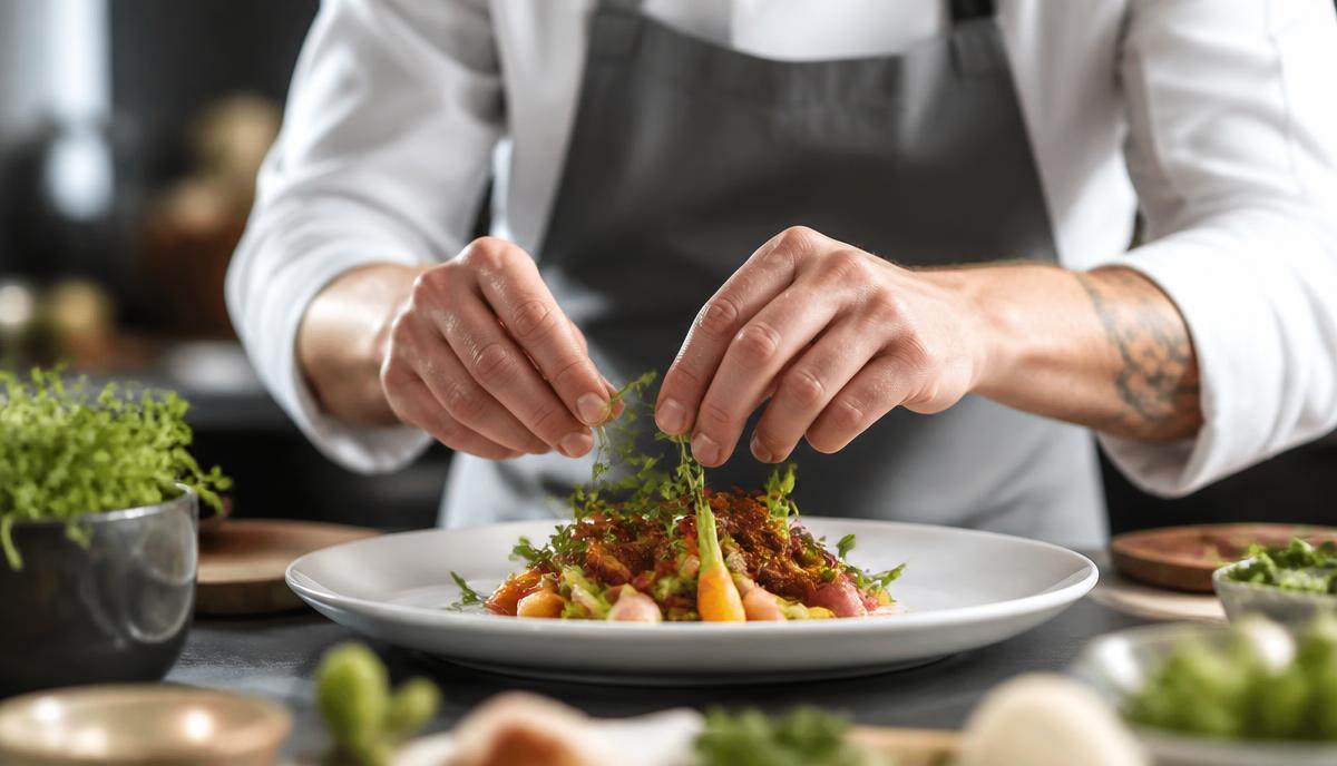 Kock i arbete med att lägga sista handen vid en elegant rätt