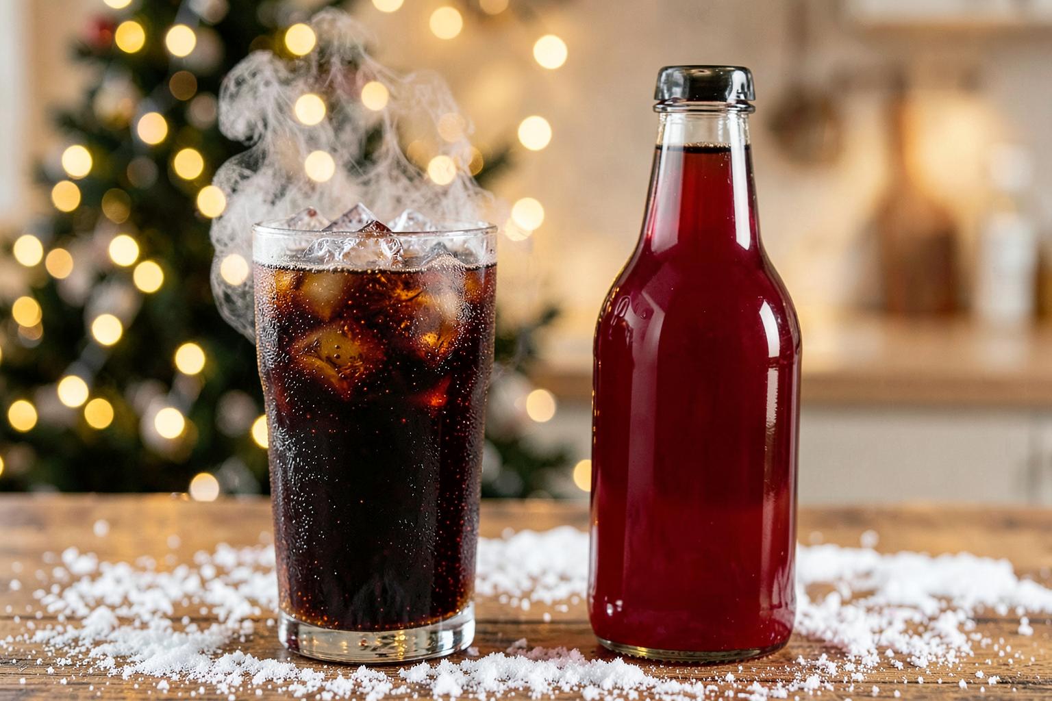 Ett glas iskall coladryck med iskuber bredvid en flaska saft, i vintrig julbelysning