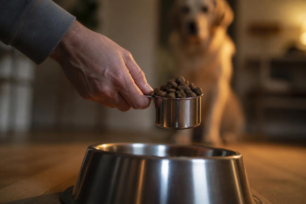 Hand som mäter upp torrfoder ovanför hundskålen