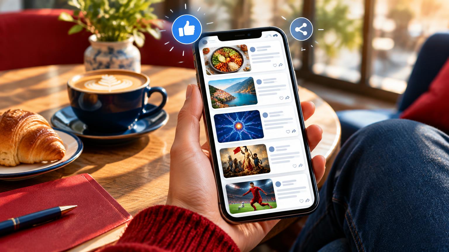 En hand håller en mobil med ett flöde av artiklar om mat, resor, vetenskap, historia och sport, vid ett kaffebord i morgonsol