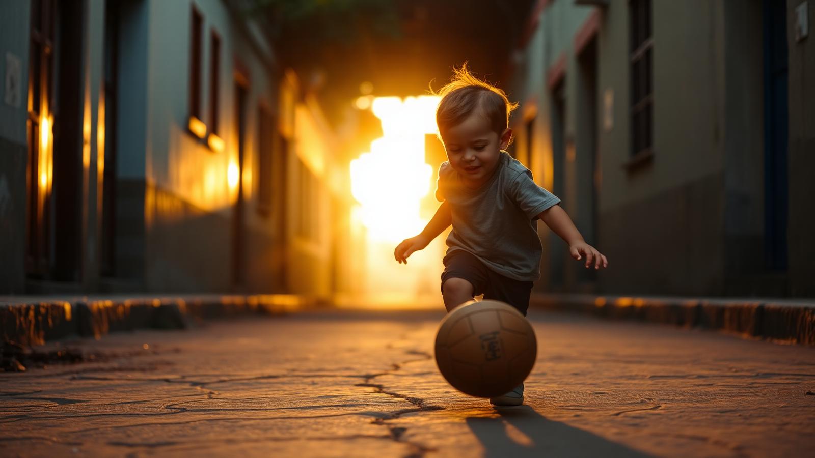 Pojke som spelar fotboll på en gata i Rosario i gyllene kvällsljus
