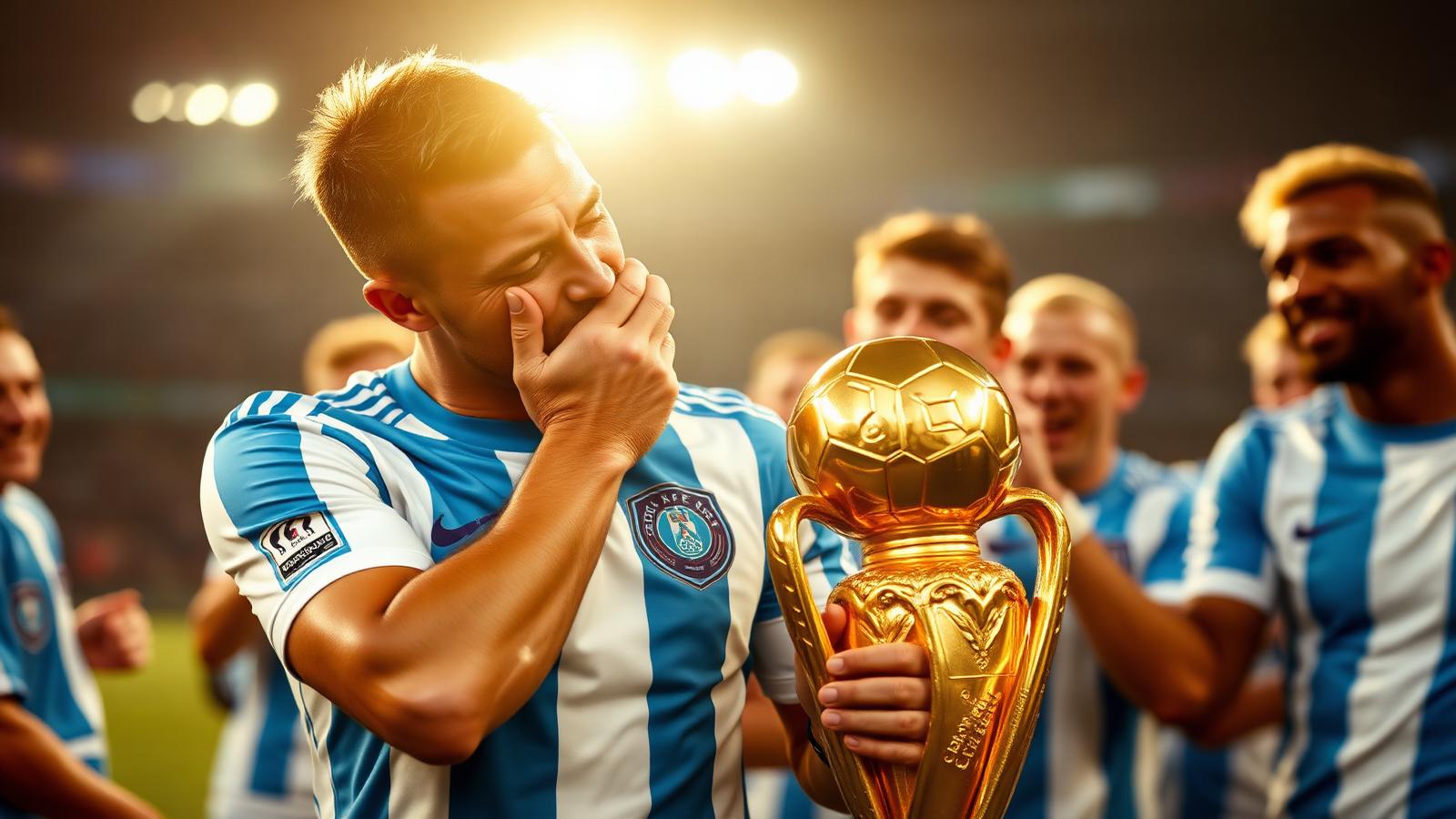 Messi kysser VM-pokalen omgiven av jublande lagkamrater