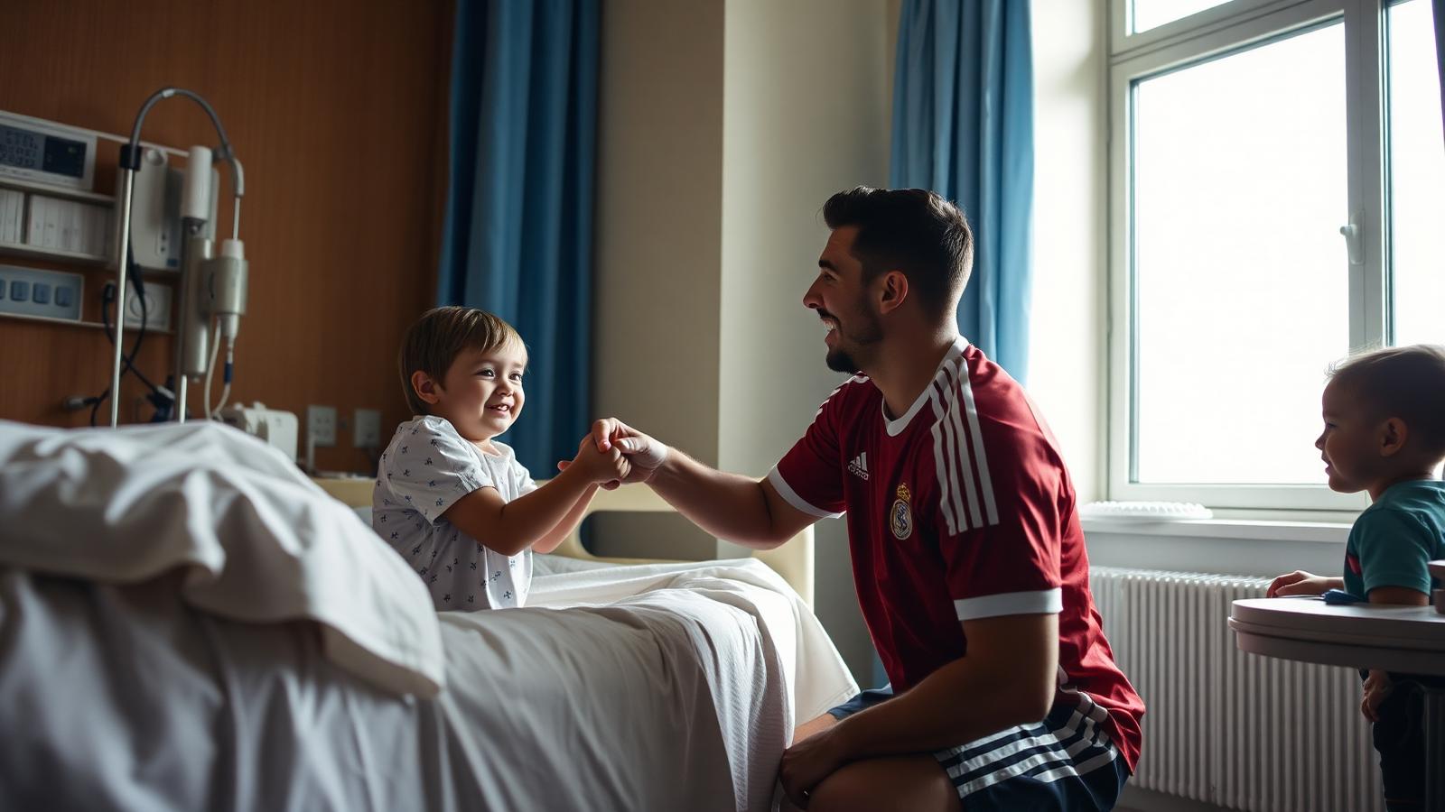 Messi besöker ett barnsjukhus och räcker en signerad tröja till ett leende barn