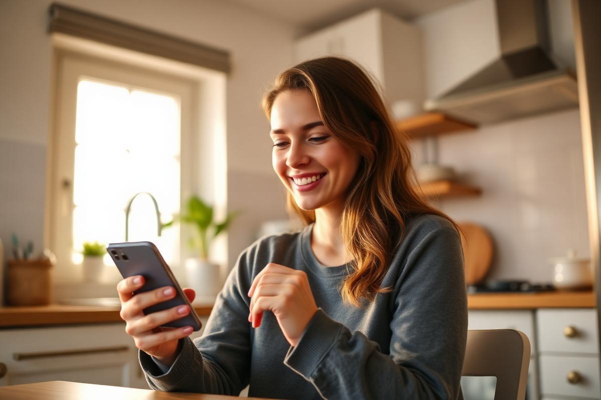 Kvinna använder en AI-assistent i mobilen vid köksbordet i morgonljus