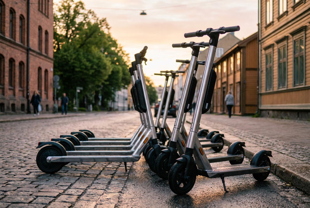 Parkerade elsparkcyklar uppställda vid en trottoarkant