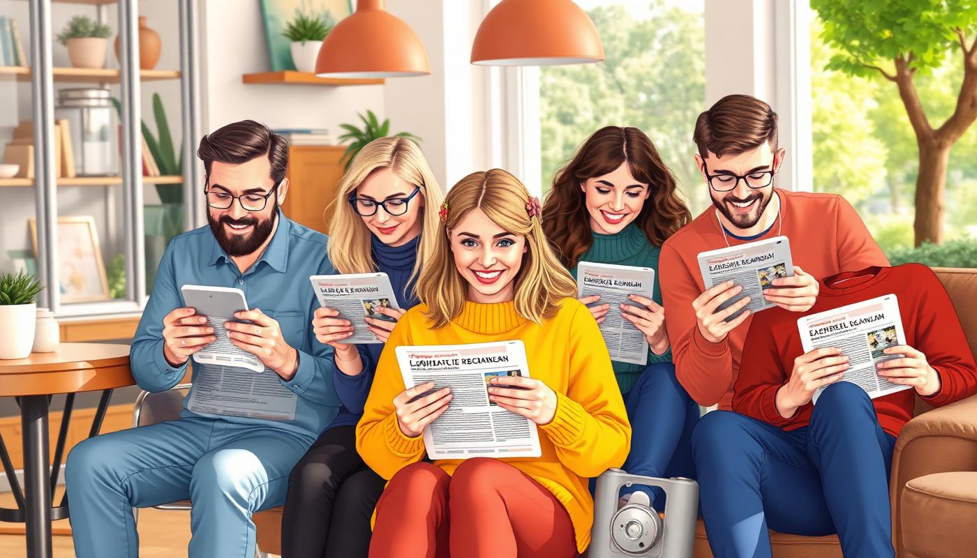 Läsare i olika miljöer läser samma artikel — soffa, café, kontor, park