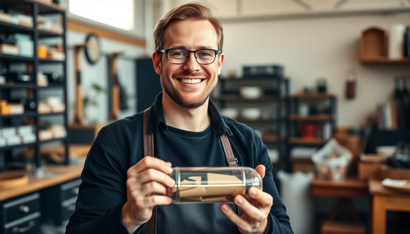 Leende företagare i modern verkstad presenterar sin produkt