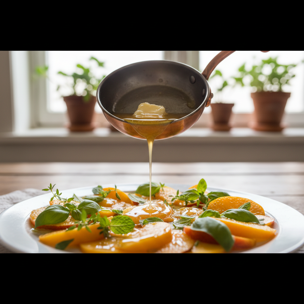 Nektarincarpaccio med brynt flädersmör och handskalade räkor: Sommarens friskaste smakfusion