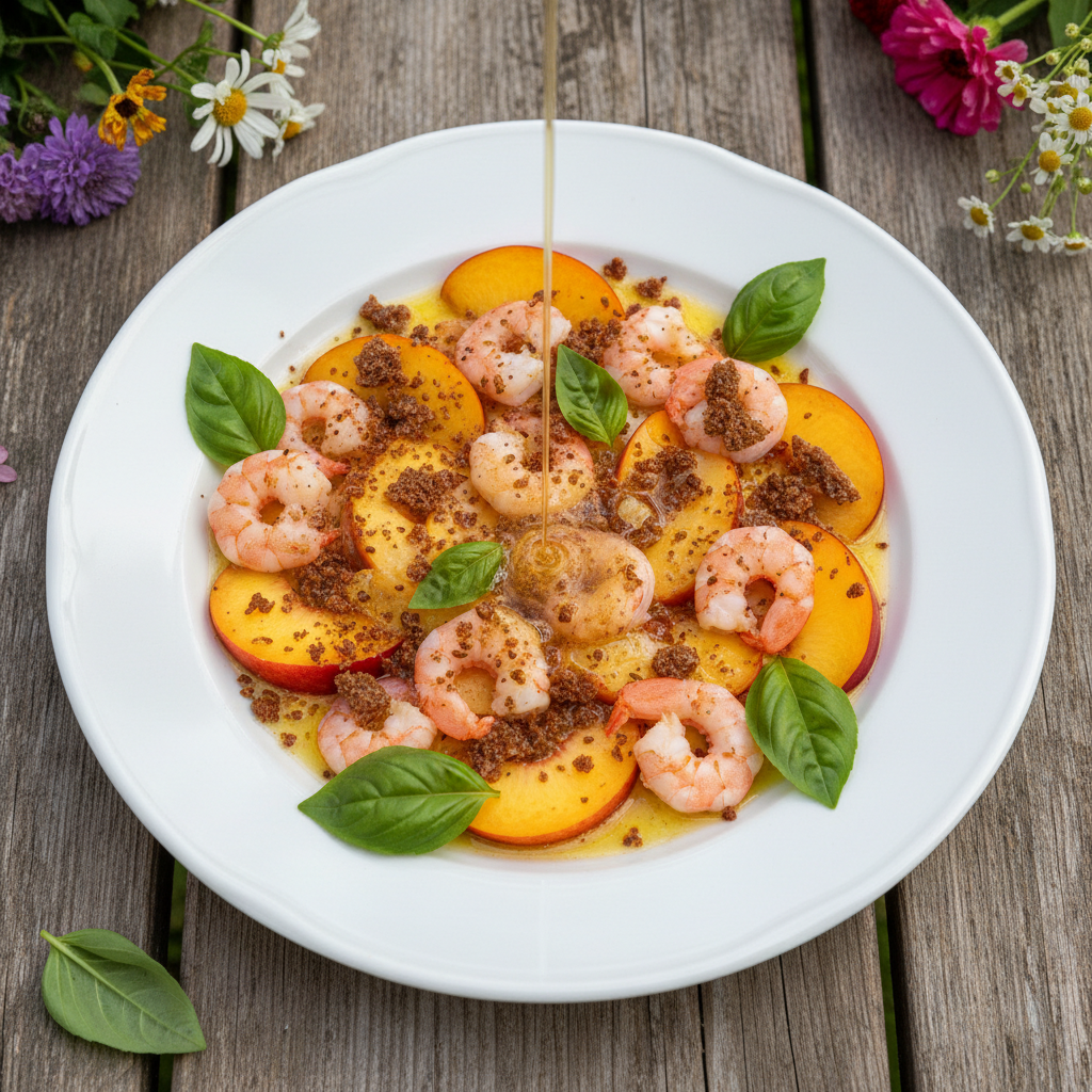 Nektarincarpaccio med brynt flädersmör och handskalade räkor: Sommarens friskaste smakfusion