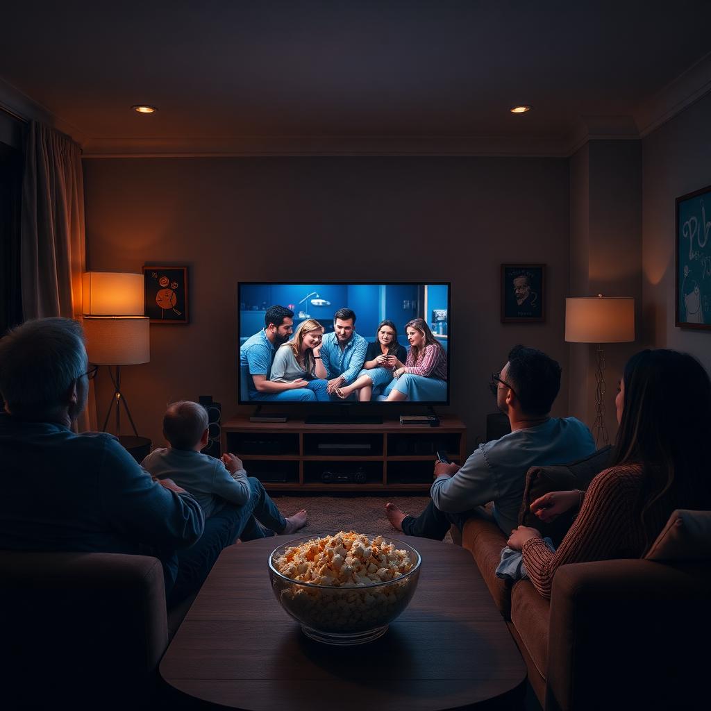 Familj njuter av en välproducerad streamingserie hemma i soffan