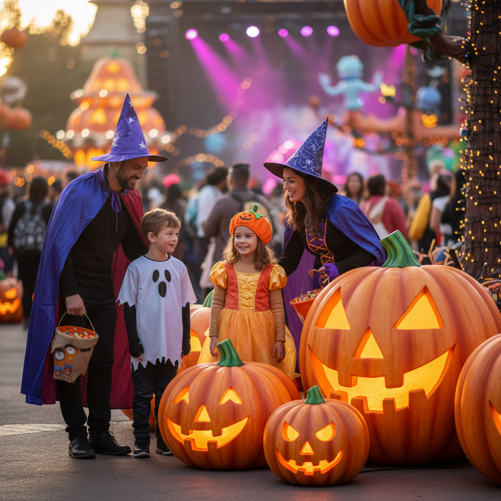 Glada barnfamiljer på Gröna Lund i Halloween-skrud