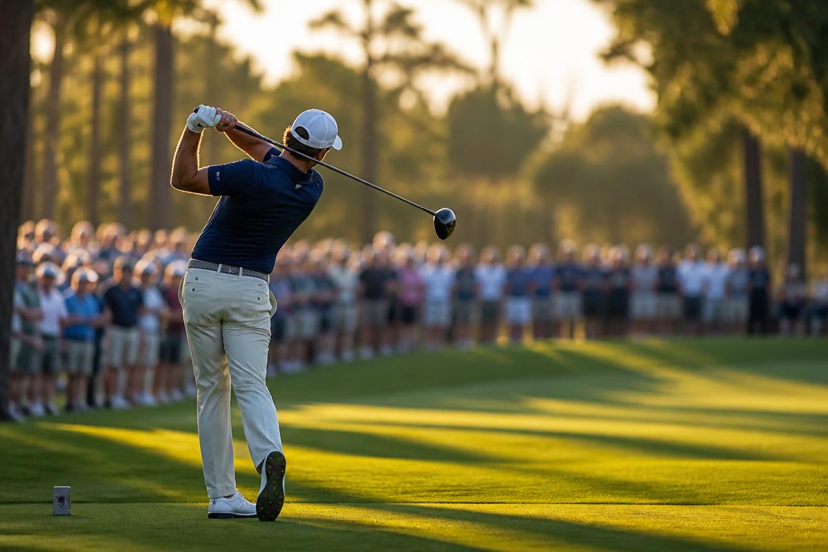 Golfspelare slår ut i kvällsljus under en PGA-tävling
