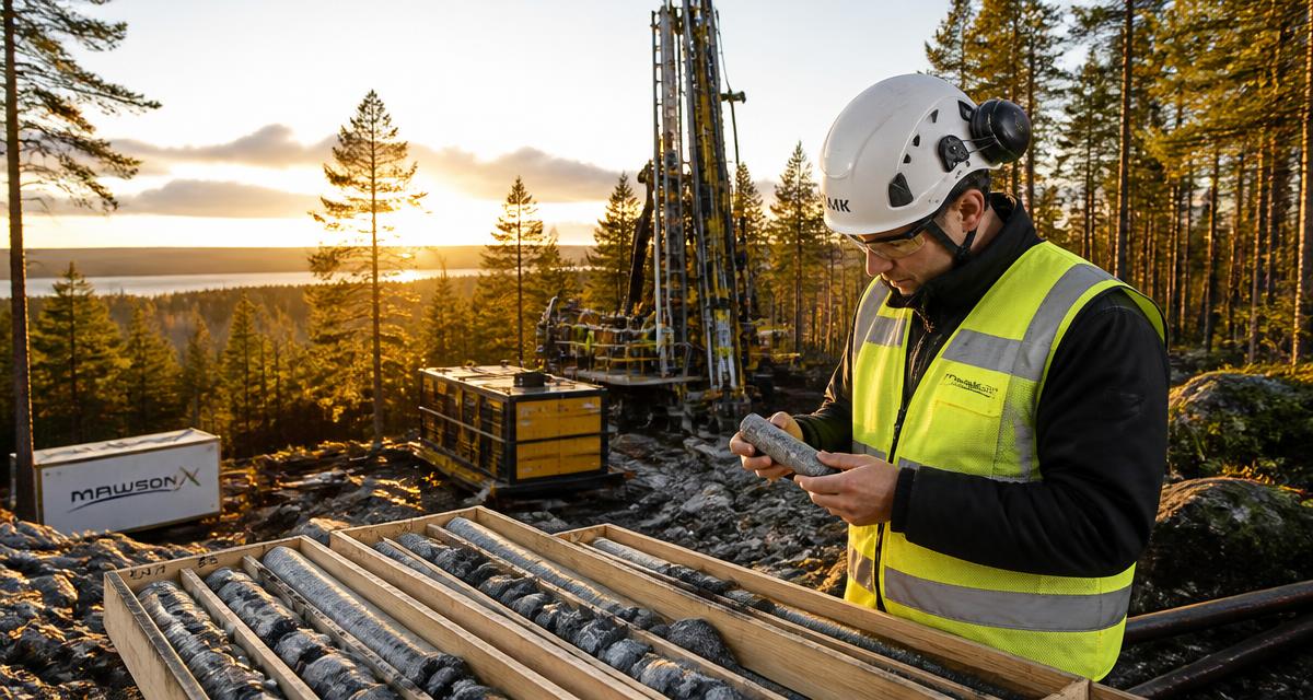 Geolog i varselväst granskar en borrkärna vid en guldborrplats i finsk skog i kvällssol