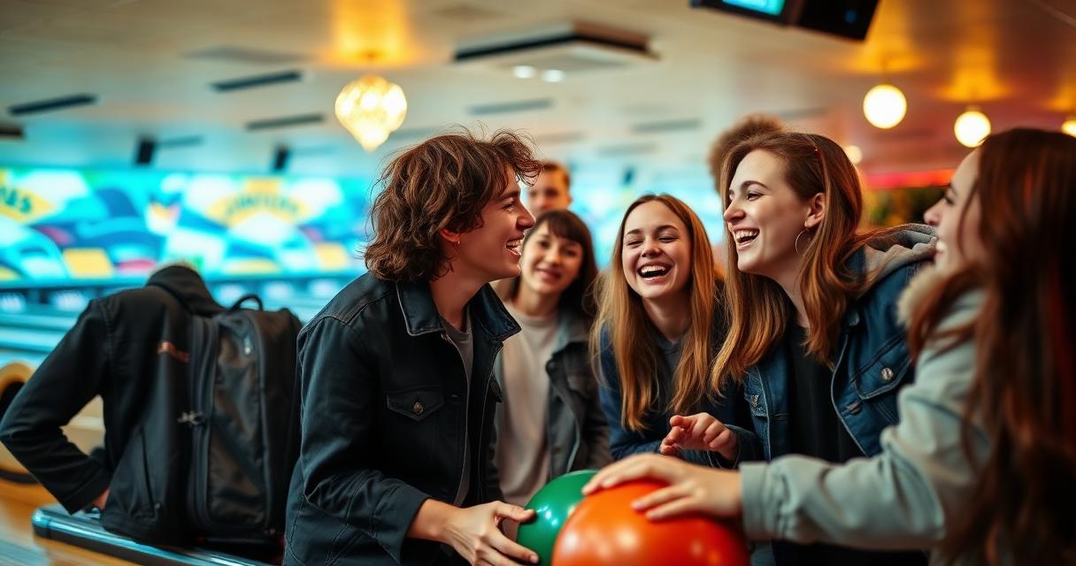 Ungdomar skrattar tillsammans i en bowlinghall.