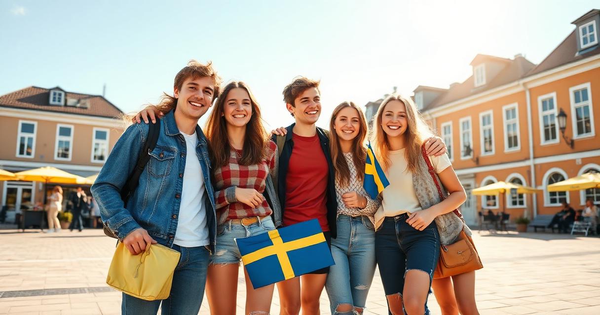 Glad grupp ukrainska och svenska ungdomar står tillsammans på ett soligt torg i en svensk småstad med svenska och ukrainska flaggor.