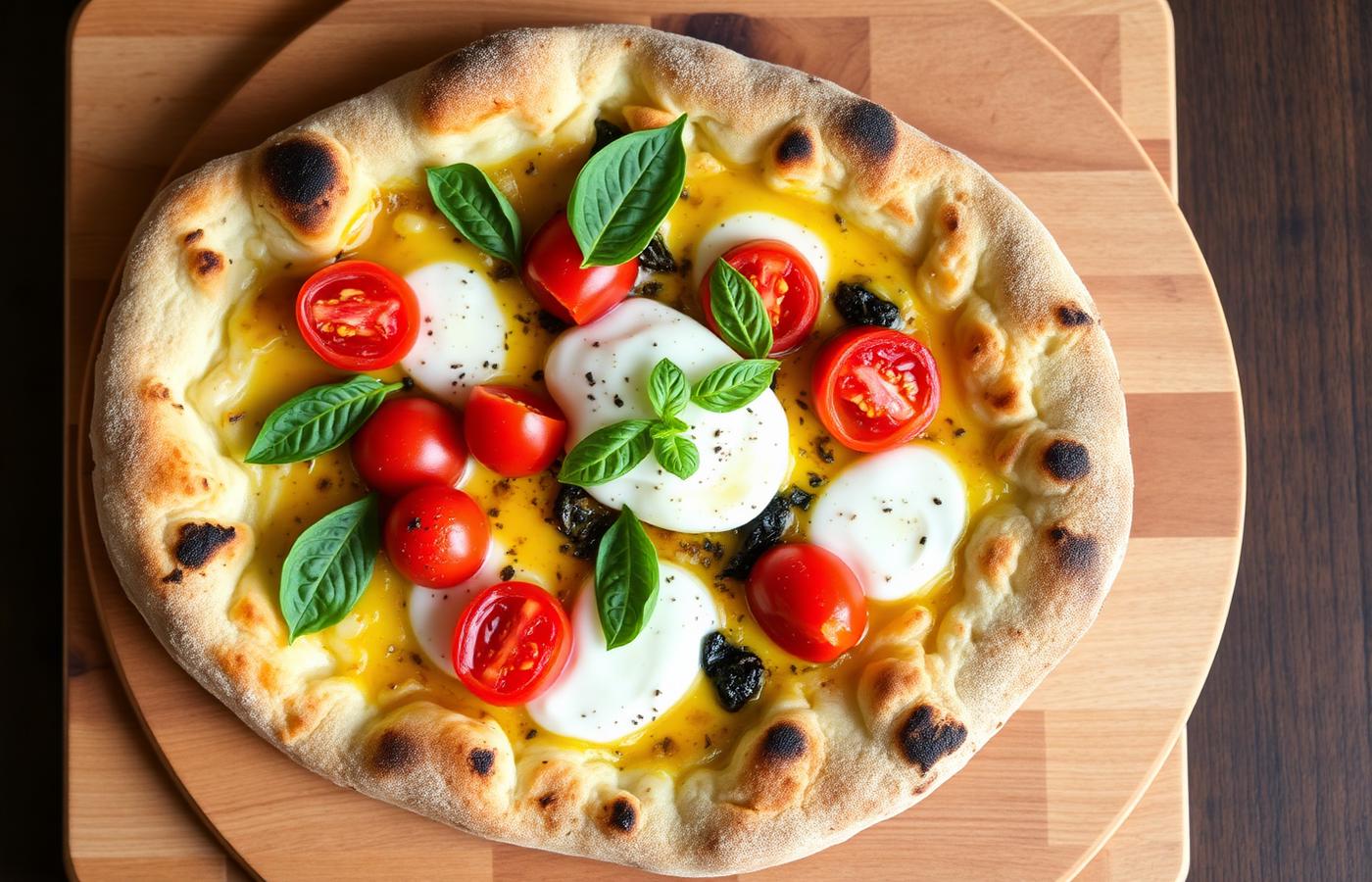 Rustik surdegspizza med burrata, körsbärstomater och basilika
