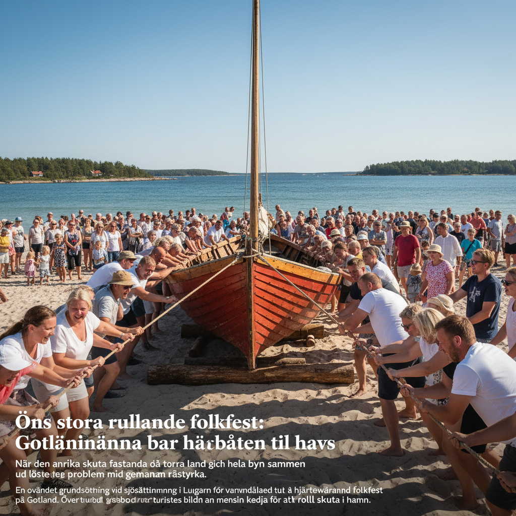 Öns stora rullande folkfest: Gotlänningarna bar historiska träbåten till havs
