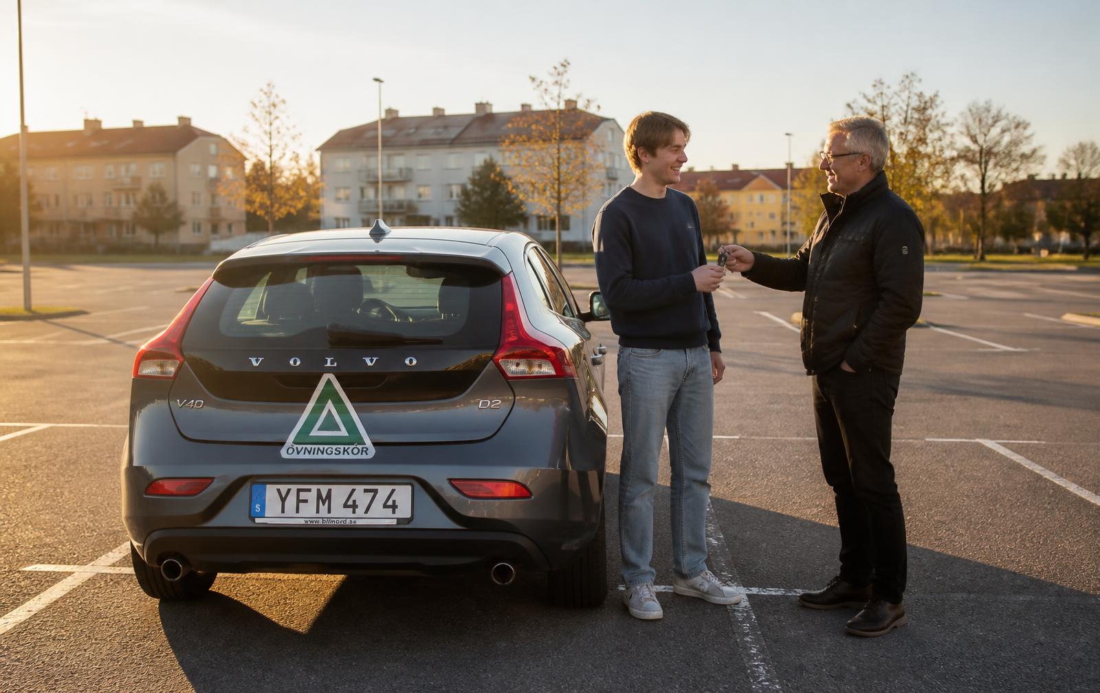 Bil med grön övningskörningsskylt på en parkering där en handledare räcker över bilnycklarna till en ung elev
