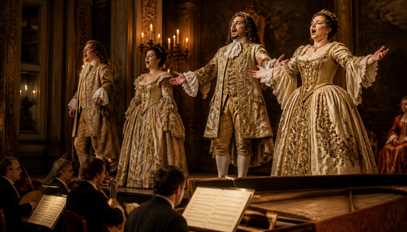 Barockoperasångare i praktfulla kostymer på scenen